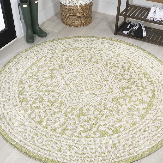 JONATHAN Y Medallion Weave Indoor Outdoor Round Area Rug 5 Ft Green/Cream, Sinjuri Textured for Backyard, Patio, Porch, Easy-Cleaning, High Traffic, Pet-Friendly, Non-Shedding (SMB101E-5R)