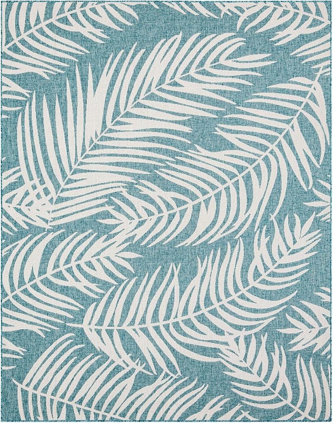 Unique Loom Outdoor Botanical Collection Area Rug - Palm (7' 10" x 10' Rectangle Light Aqua/Ivory)
