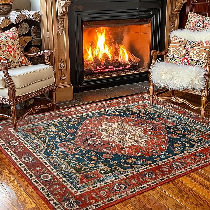 YJ.GWL Area Rugs for Living Room 3x5 Machine Washable Rugs for Bedroom, Non Slip Floral Vintage Rug Indoor Carpet, Small Floor Throw Rug for Dining Room Kitchen, Orange-Red