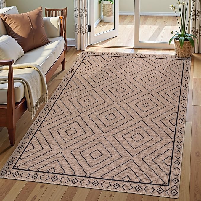 Tangsoo Easy Jute Rug 3x5 for Entryway,Geometric Non-Slip Washable Indoor Outdoor Door Carpet,Farmhouse Ultra Thin Throw Mat for Kitchen Bedroom Front