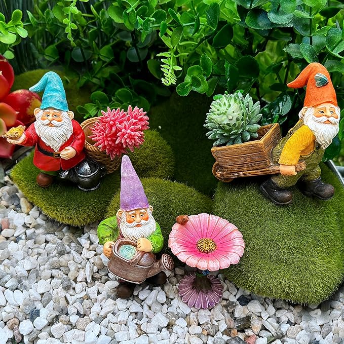 Mood Lab Garden Gnome Figurines Set (4 pcs) - 3.5" H Miniature Decorative Statues & Accessories - Outdoor & Indoor Garden Decor