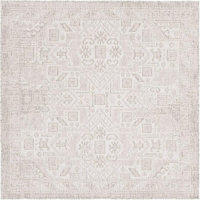 Unique Loom Outdoor Aztec Collection Area Rug - Coba (5' 3" Square, Light Gray/ Ivory)