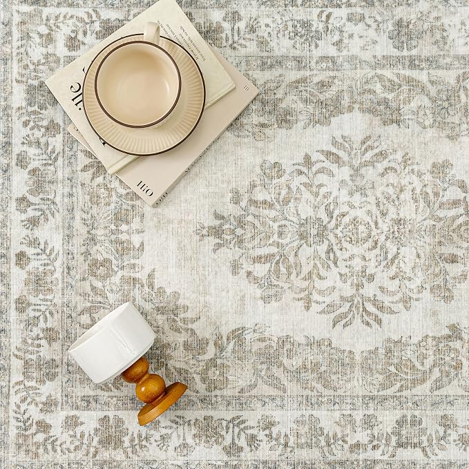 6x9 Washable Area Rug Living Room Cream Beige Vintage Large Carpet | Soft Low Pile, Non Slip, Stain Resistant, Floral Medallion, Neutral Retro Decor for Bedroom, Dining Room, Kids Room, Office