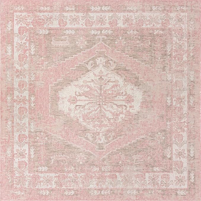 Unique Loom Outdoor Traditional Collection Area Rug - Valeria (7' 10" Square, Pink/ Ivory)