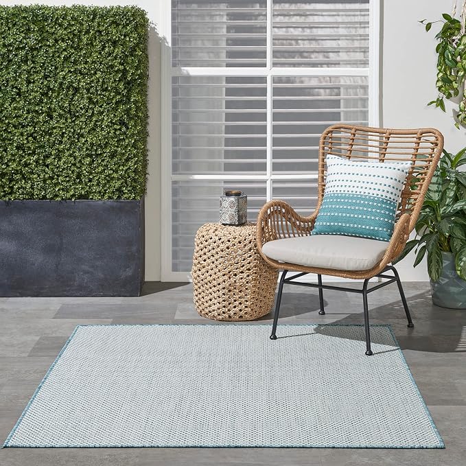 Nourison Home Courtyard Ivory Aqua 5' x Square Area Rug - Easy Clean, Non Shedding, Bed Room, Living Room, Dining Room, Kitchen (5' x Square)