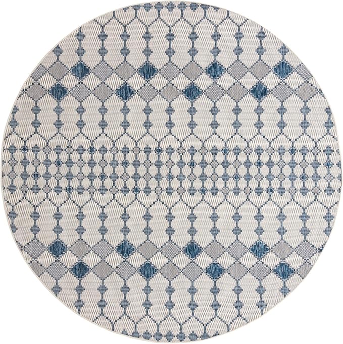 Unique Loom Outdoor Trellis Collection Area Rug - Traliccio (10' Round, Ivory/ Navy Blue)