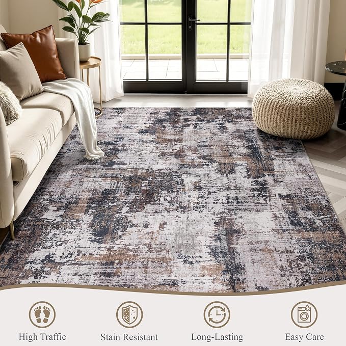 Sasttie 8x10 Washable Area Rug, Modern Abstract Large Rug, Black & Brown | Ultra-Soft Faux Wool, Machine Washable, Low Pile, Non-Slip, Lightweight, Thin, for Living Room, Bedroom, Dinning Room & Dorm