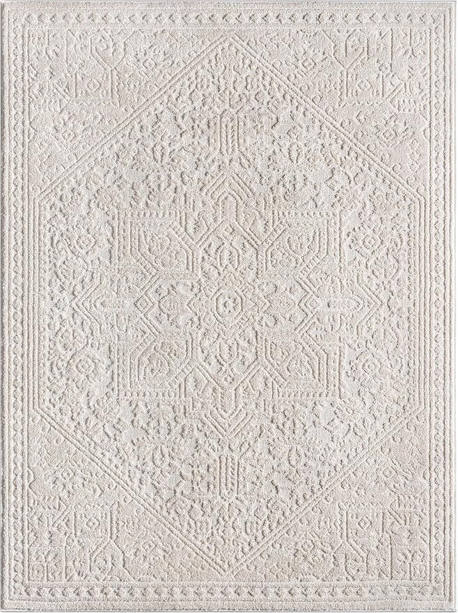 Well Woven Harlow Collection Cloud Medallion Ivory - Modern Tribal Minimalist 2x3 (2'3" x 3'11") Accent Mat Rug - Ideal for Entryway & Kitchen - Durable, Stain Resistant & Easy to Clean