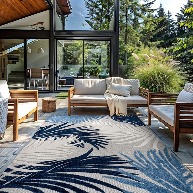 Rugshop Navy Lucca Contemporary Floral Indoor/Outdoor Area Rug Durable Polypropylene, Weather Resistant, Easy to Clean for Backyard, Deck and Outdoor Lounge 8'8" x 12'