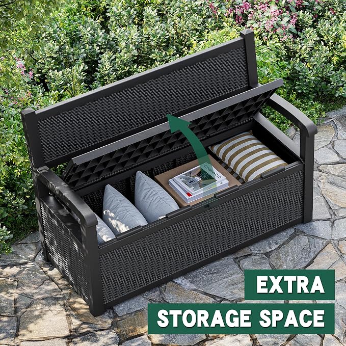 80 Gallon Outdoor Storage Bench, Resin Patio Storage Bench with Armrest, Lockable Deck Boxes Outdoor Waterproof and UV Resistant for Cushions, Garden Tools and Pool Supplies, Matte Black