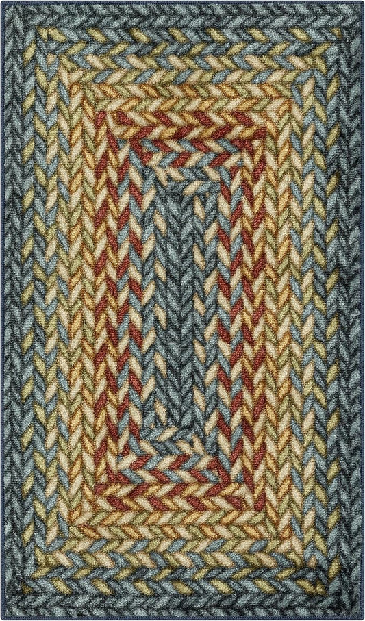 Maples Rugs Marion Bohemian Braided-Style Print Area Rug – Made in USA – Washable, Non-Slip Low-Profile Indoor Throw Rug for Foyer, Kitchen & Bathroom, 34" x 20", Multi-Color