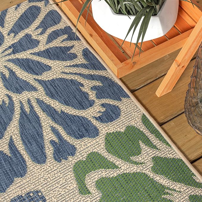 JONATHAN Y Floral Textured Weave Indoor Outdoor Round Area Rug 4 Ft Navy/Green, Zinnia Modern for Backyard, Patio, Porch, Easy-Cleaning, High Traffic, Pet-Friendly, Non-Shedding (SMB110B-4R)