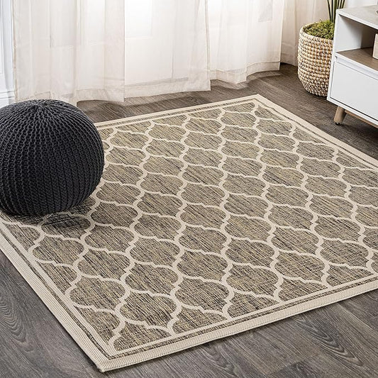 JONATHAN Y Moroccan Trellis Indoor Outdoor Square Area Rug 5X5 Brown/Beige, Trebol Textured Weave for Backyard, Patio, Porch, Easy-Cleaning, High Traffic, Pet-Friendly, Non-Shedding (SMB109A-5SQ)