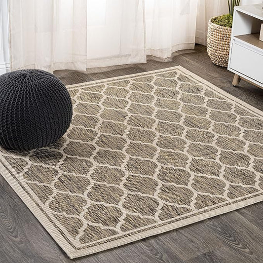 JONATHAN Y Moroccan Trellis Indoor Outdoor Square Area Rug 8X8 Brown/Beige, Trebol Textured Weave for Backyard, Patio, Porch, Easy-Cleaning, High Traffic, Pet-Friendly, Non-Shedding (SMB109A-8SQ)