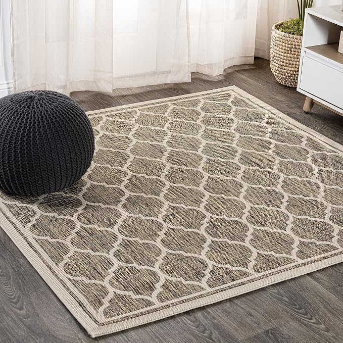 JONATHAN Y Moroccan Trellis Indoor Outdoor Square Area Rug 3X3 Brown/Beige, Trebol Textured Weave for Backyard, Patio, Porch, Easy-Cleaning, High Traffic, Pet-Friendly, Non-Shedding (SMB109A-3SQ)