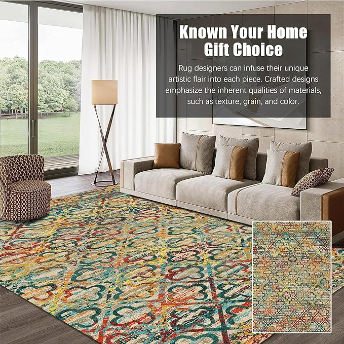 Washable Area Rugs, 9' x 12' - 1/6 Thick - Stain & Water Resistant Non-Slip - Perfect Resistant Rug for Living Room, Bedroom, Nursery, Pet & Child Friendly, Vibrant Colors Rugs, Multicolor