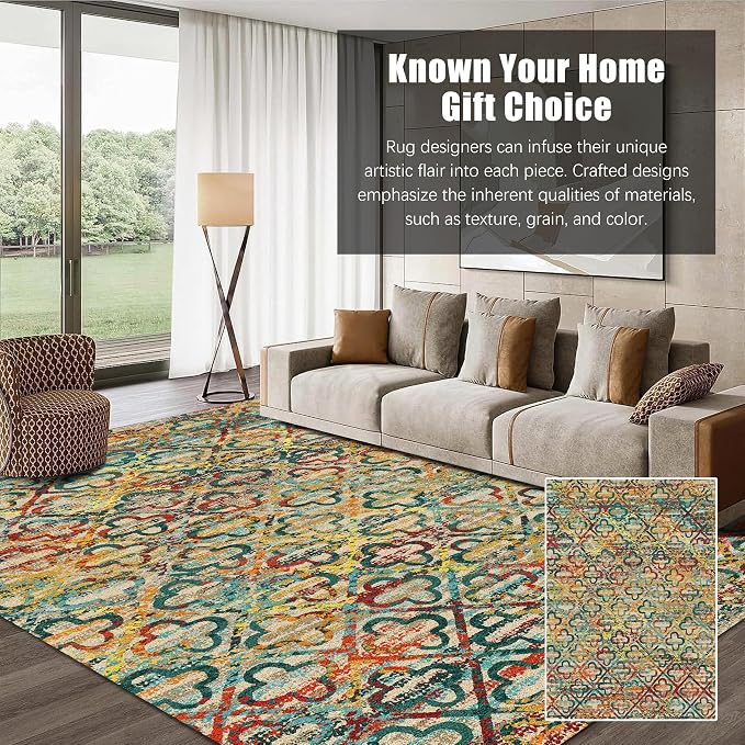 Washable Area Rugs, 5' x 7' - 1/6 Thick - Stain & Water Resistant Non-Slip - Perfect Resistant Rug for Living Room, Bedroom, Nursery, Pet & Child Friendly, Vibrant Colors Rugs, Multicolor
