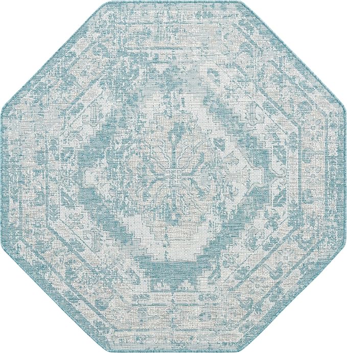 Unique Loom Outdoor Traditional Collection Area Rug - Valeria (5' 3" Octagon, Aqua/ Ivory)