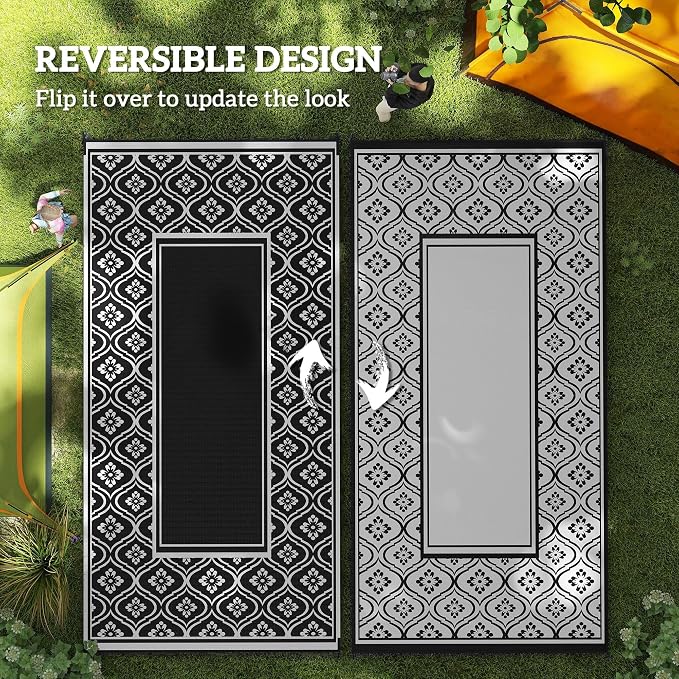 Outsunny Outdoor Rug for Patio, 9' x 18' Waterproof Large Mat, Reversible Plastic Straw Rug for Decor, Portable Outside RV Camping Area Carpet Mat for Backyard Porch Deck Picnic, Black & White Gourd