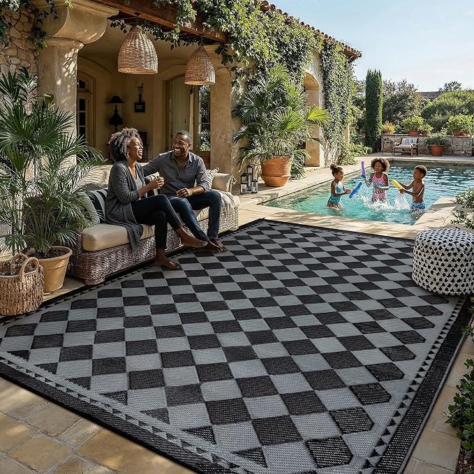 HUGEAR Outdoor Waterproof Rug 8'x10' Plastic Straw Rugs Washable Reversible Floor Mat Black/Grey Plaid Carpet for Camping RV Deck Entryance Porch Picnic Balcony Beach Backyard