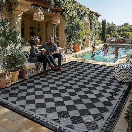 HUGEAR Outdoor Waterproof Rug 8'x10' Plastic Straw Rugs Washable Reversible Floor Mat Black/Grey Plaid Carpet for Camping RV Deck Entryance Porch Picnic Balcony Beach Backyard