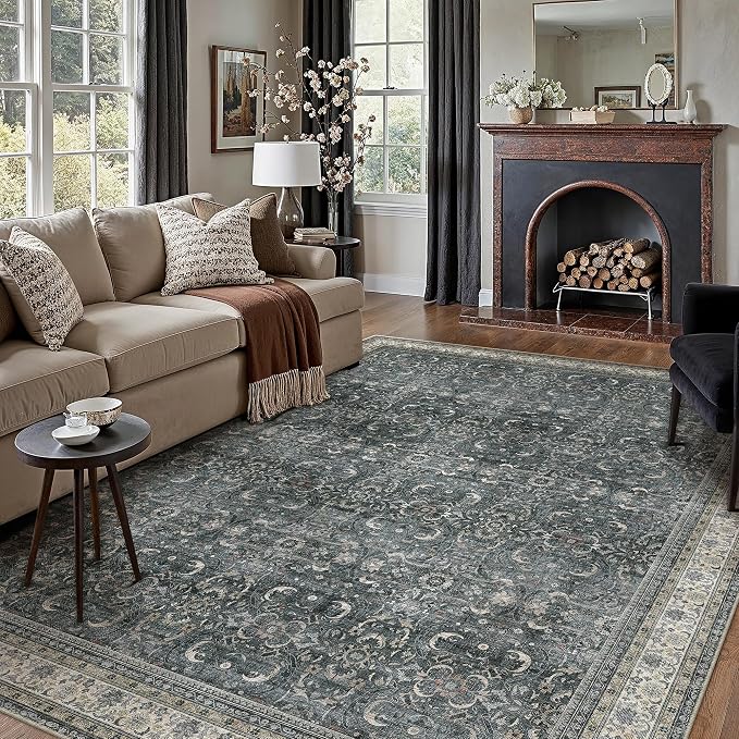 6x9 Black Vintage Distressed Washable Area Rug for Living Room | Low Pile, Non Slip, Retro Style, Soft Distressed Indoor Rug for Living Room, Bedroom, Dining Room, Office, Home Decor