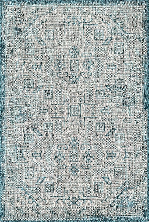 Unique Loom Outdoor Aztec Collection Area Rug - Coba (4' 1" x 6' 1" Rectangle, Teal/ Ivory)