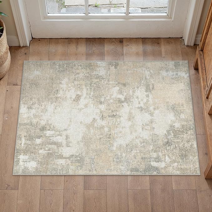 2x3 Beige Grey Modern Abstract Washable Area Rug for Entryway | Low Pile, Non Slip, Modern Abstract Style, Soft Indoor Rug for Entryway, Kitchen, Bathroom, Door Mat, Home Decor