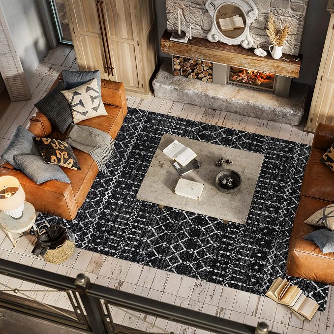 JONATHAN Y Boho Vintage Diamond Black/Ivory Indoor Area Rug 9X12 ft, Moroccan Hype for Living Room, Bedroom, Kitchen, Office, Easy-Cleaning, High Traffic, Pet-Friendly, Non-Shedding (MOH101D-9)