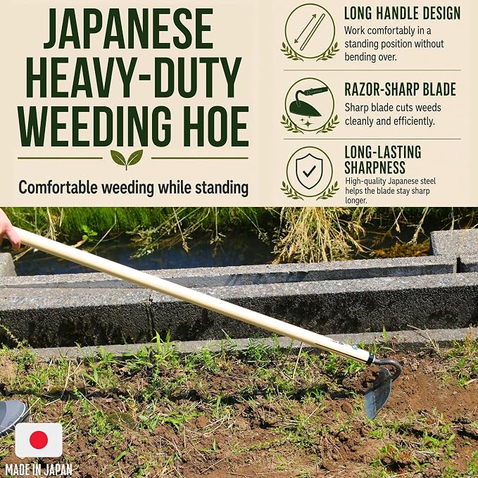 KAKURI Japanese Garden Hoe Heavy Duty 50" Long Handle for Weeding - Draw Hoe Weeder Tool - Sharp Japanese Steel Blade & Wooden Handle - Made in Japan