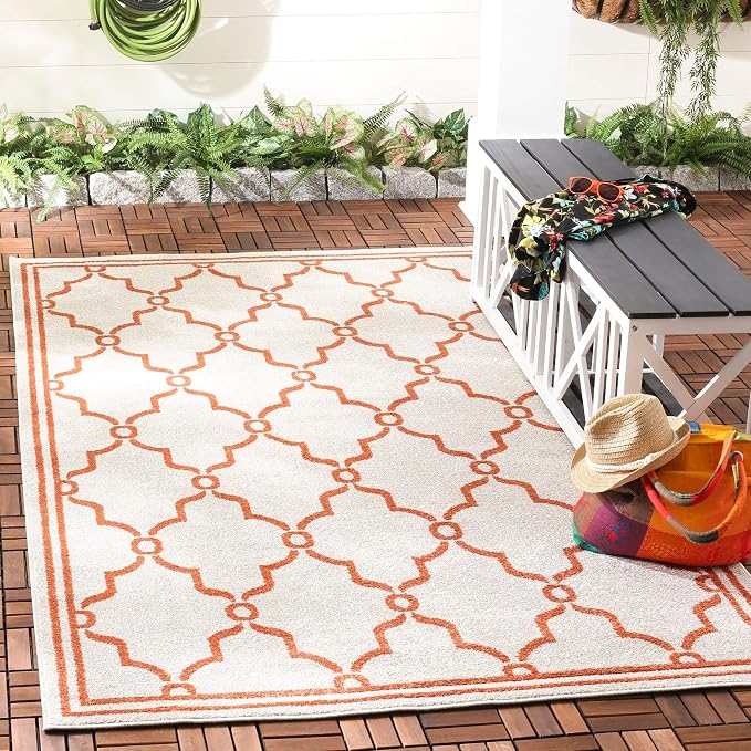 SAFAVIEH Amherst Collection Area Rug - 9' x 12', Beige & Orange, Trellis Design, Non-Shedding & Easy Care, Ideal for High Traffic Areas in Living Room, Bedroom (AMT414F)
