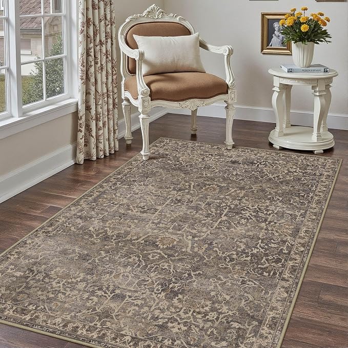 3x5 Brown Vintage Floral Washable Area Rug for Entryway | Low Pile, Non Slip, Retro Style, Soft Distressed Indoor Rug for Bedroom, Dining Room, Kitchen, Entrance, Home Decor