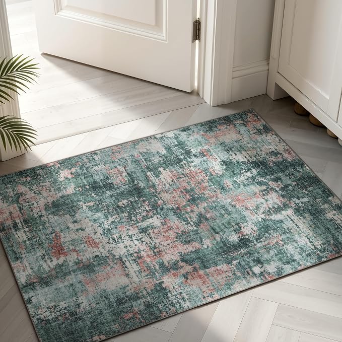 Sasttie 2x3 Entryway Area Rug, Modern Abstract Small Carpet, Pink & Green | Machine Washable, Ultra-Soft Faux Wool, Non-Slip, Low Pile, Thin, for Entrance, Door-Mat, High-Traffic Areas