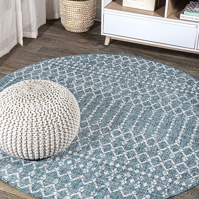 JONATHAN Y Moroccan Geometric Indoor Outdoor Round Area Rug 4 Ft Teal/Gray, Ourika Textured Weave for Backyard, Patio, Porch, Easy-Cleaning, High Traffic, Pet-Friendly, Non-Shedding (SMB108C-4R)