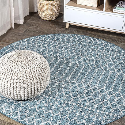JONATHAN Y Moroccan Geometric Indoor Outdoor Round Area Rug 6 Ft Teal/Gray, Ourika Textured Weave for Backyard, Patio, Porch, Easy-Cleaning, High Traffic, Pet-Friendly, Non-Shedding (SMB108C-6R)