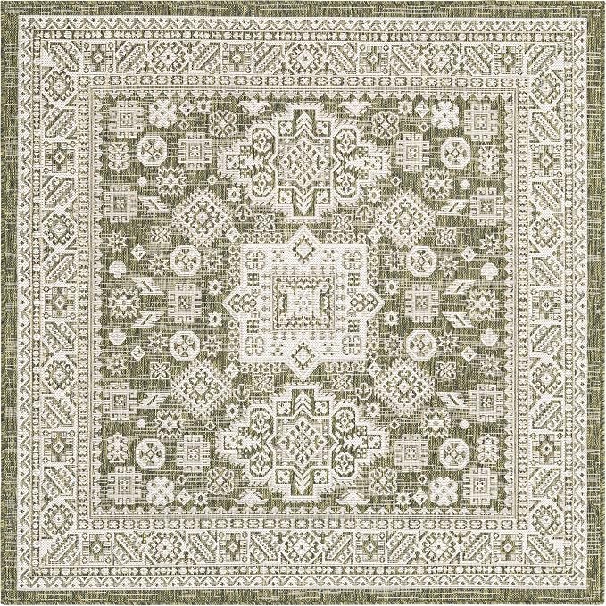 Unique Loom Outdoor Aztec Collection Area Rug - Chalca (5' 3" Square, Green/ Ivory)