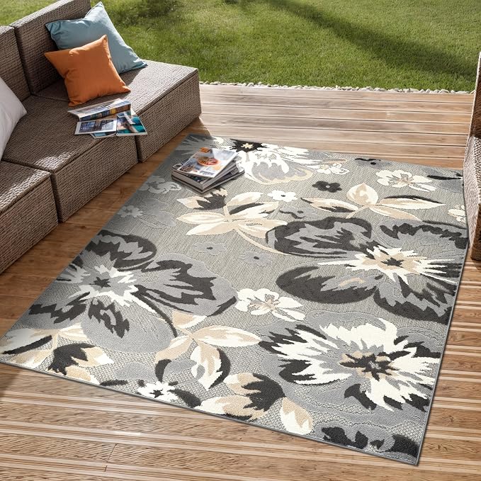Rugshop Bergamo Contemporary Floral Non-Shedding Easy Cleaning Patio Deck Backyard Indoor/Outdoor Area Rug 6' 6" Square Gray