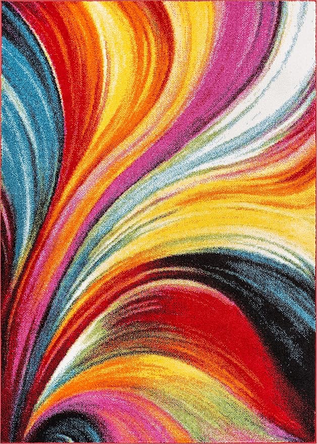 Well Woven Aurora Multi Red Yellow Orange SwirlLines ModernGeometric Abstract Brush Stroke Area Rug(7'10inx9'10in)Easy Clean Stain Fade Resistant Shed Free Contemporary Painting ArtStripe Thick Soft