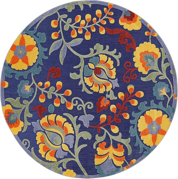 Nourison Home Aloha Navy Multicolor 7'10" x Round Area Rug - Easy Clean, Non Shedding, Bed Room, Living Room, Dining Room, Kitchen (8' x Round)