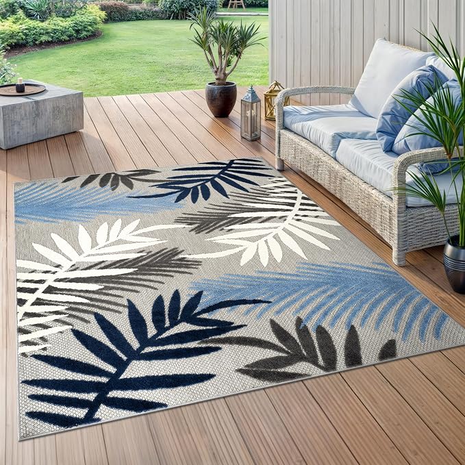 Rugshop Blue Palm Frond Indoor/Outdoor Square Area Rug Easy Cleaning for Patio, Dining Nook and Balcony, 6'6" x 6'6" Square