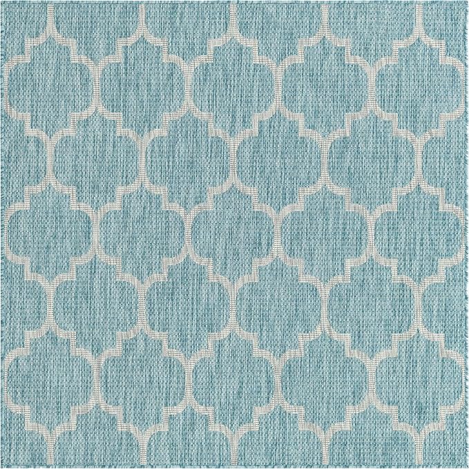 Unique Loom Outdoor Trellis Collection Area Rug (5' 1" Square, Aquamarine/ Gray)
