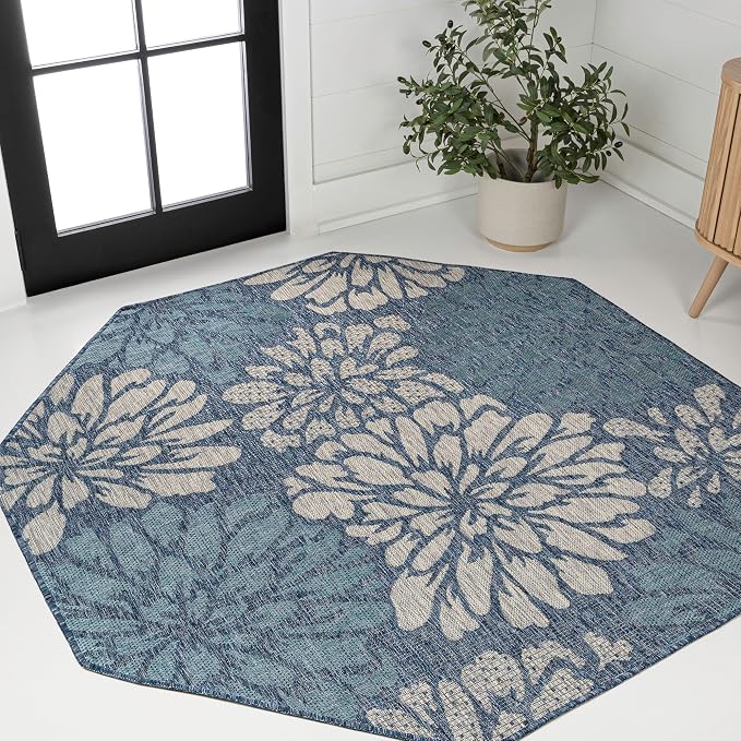 JONATHAN Y Floral Textured Weave Indoor Outdoor Octagon Area Rug 8 Ft Navy/Aqua, Zinnia Modern for Backyard, Patio, Porch, Easy-Cleaning, High Traffic, Pet-Friendly, Non-Shedding (SMB110C-8TGN)
