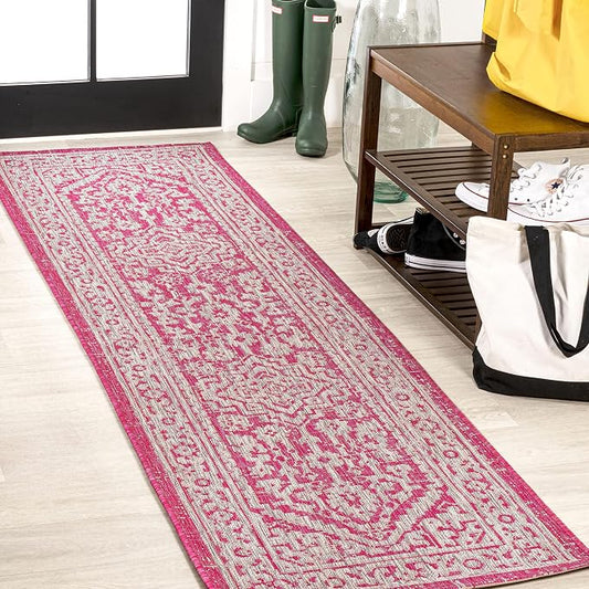 JONATHAN Y Medallion Weave Indoor Outdoor Runner Rug 2X10 Fuchsia/Light Gray, Sinjuri Textured for Backyard, Patio, Porch, Easy-Cleaning, High Traffic, Pet-Friendly, Non-Shedding (SMB101G-210)