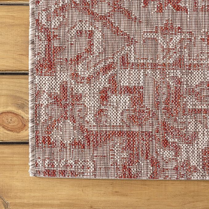 JONATHAN Y Boho Medallion Indoor Outdoor Square Area Rug 4X4 Red/Taupe, Estrella Textured Weave for Backyard, Patio, Porch, Easy-Cleaning, High Traffic, Pet-Friendly, Non-Shedding (SMB105A-4SQ)
