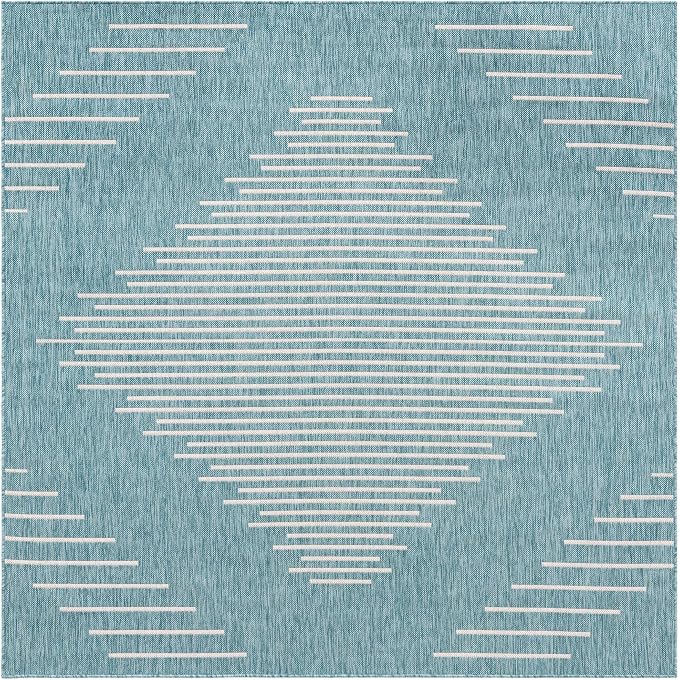 Unique Loom Outdoor Modern Collection Area Rug - Tambor (7' 1" Square, Light Aqua/ Ivory)