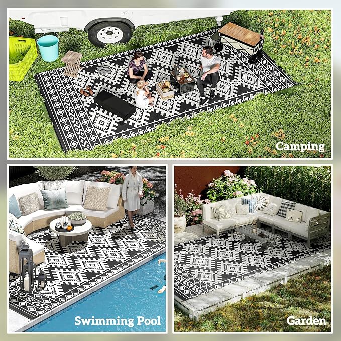 Outsunny Outdoor Rug for Patio, 9' x 18' Waterproof Large Mat, Reversible Plastic Straw Rug for Decor, Portable Outside RV Camping Area Carpet Mat for Backyard Porch Deck Picnic, Black & White Rhombus