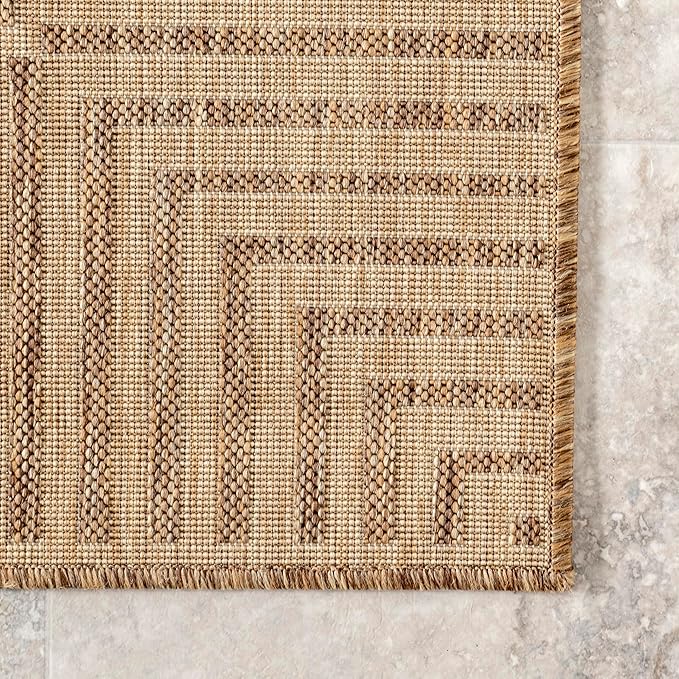 Nuloom Asha Light Brown/Ivory, 6'7" Round, Casual, Striped Border, Soft and Cozy, High Traffic, Easy Clean, Durable Area Rug for Indoor/Outdoor Patio, Deck, Porch, Garden, Courtyard