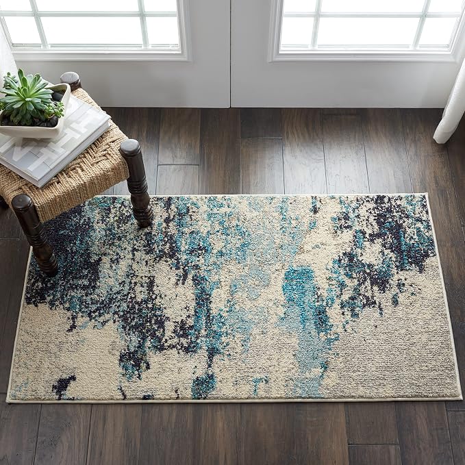 Nourison Home Celestial Ivory Teal Blue 2'2" x 3'9" Area Rug - Easy Clean, Non Shedding, Bed Room, Living Room, Dining Room, Kitchen (2' x 4')