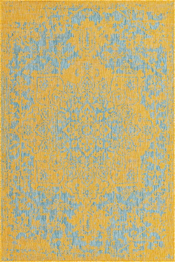 Unique Loom Outdoor Collection Area Rug - Dubai (5' 3" x 8' Rectangle, Yellow and Aqua/Light Blue)