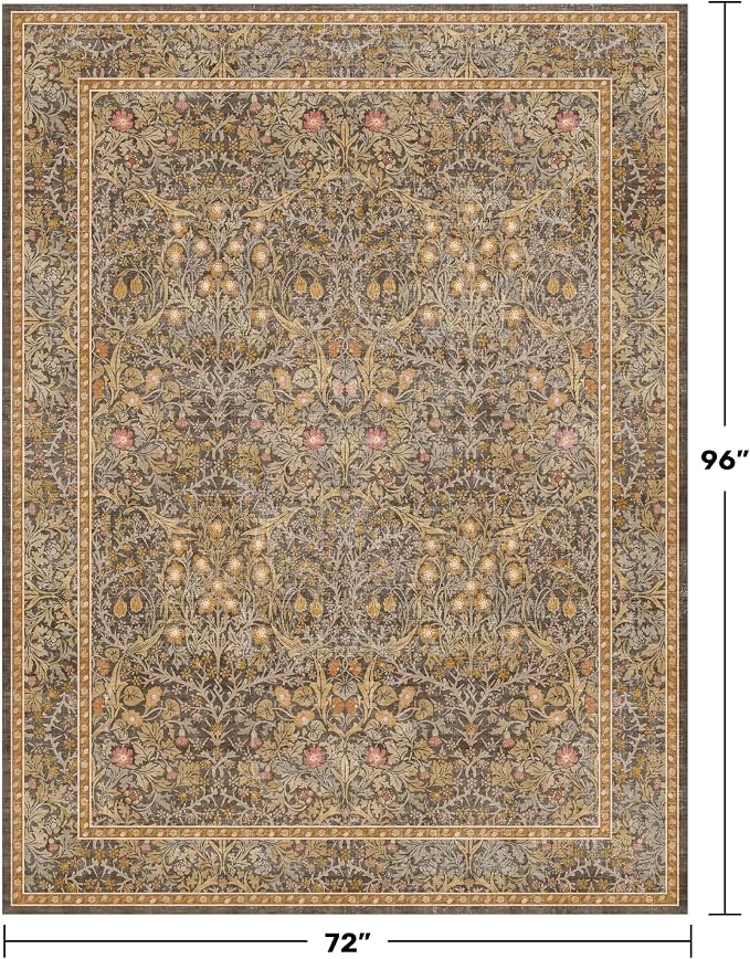 Dining Room Rugs for Under Table - 6x8 Brown Washable Area Rug for Living Room, Low Pile Non-Slip Floor Carpet for Bedroom - Vintage Design & Stain Resistance